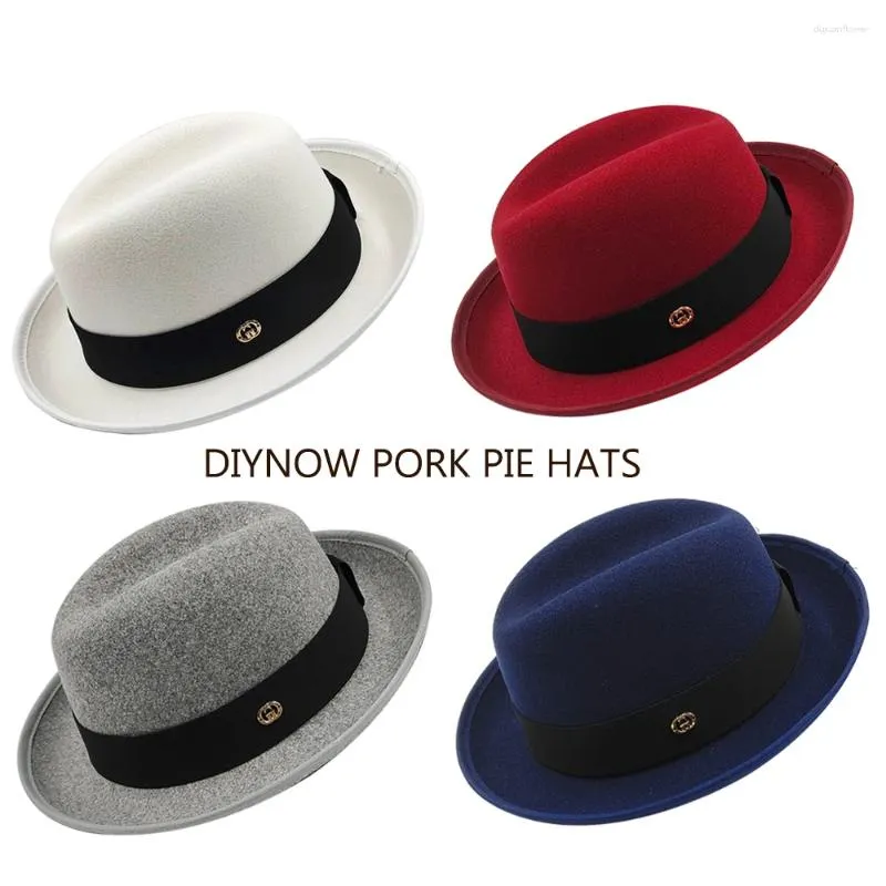 Berets Pork Pie Hat Brim Men kobiety Fedora Classic Gentleman Bowler Cosplay English Panama Jazz Hurt