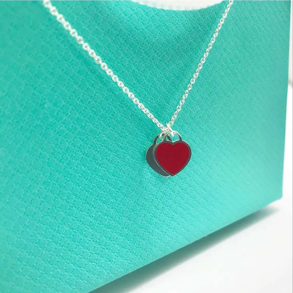 Tiffanylris esigner necklace love necklace female 925 Sterling Silver Red Heart enamel blue clavicle chain Heart Pendant with box