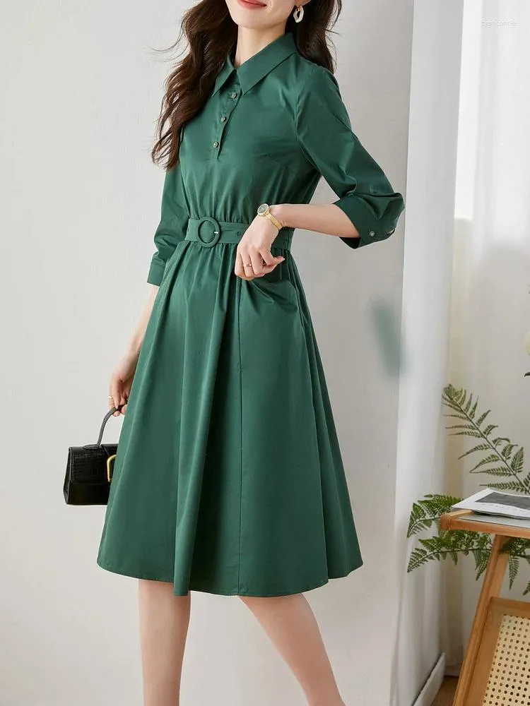 Vestidos casuales elegante cuello de solapa verde camisa delgada para mujeres otoño oficina dama manga larga tres botones vestido midi con cinturón