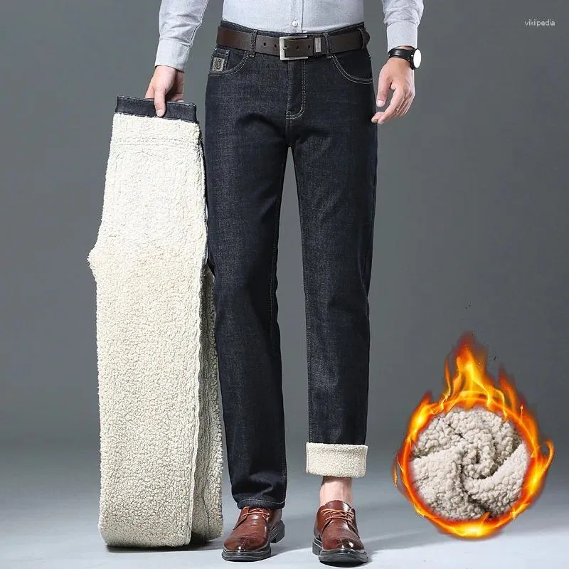 Jeans masculinos inverno sherpa quente para homens de alta qualidade tecido macio veludo engrossado calças jeans estiramento calças retas masculino