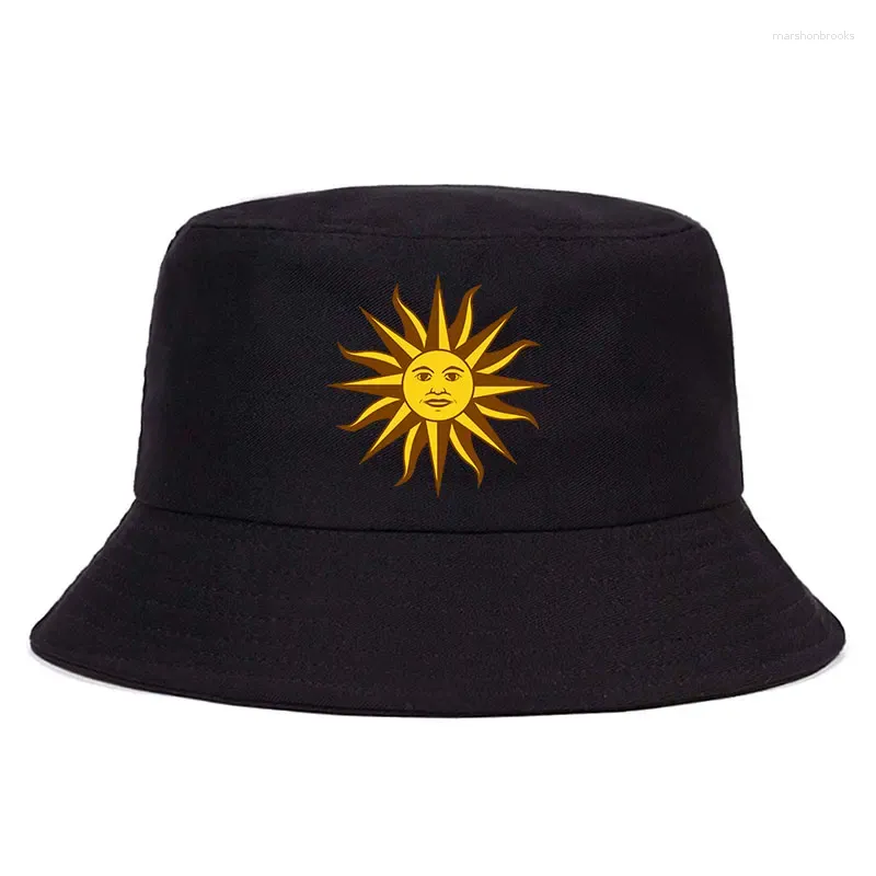 Berets Sonne Gold Druck Sommer Doppel Seite Eimer Hut Erwachsene Casual Panama Unisex Reise Baumwolle Fischer Kappe Junge Mädchen Motorhaube homme