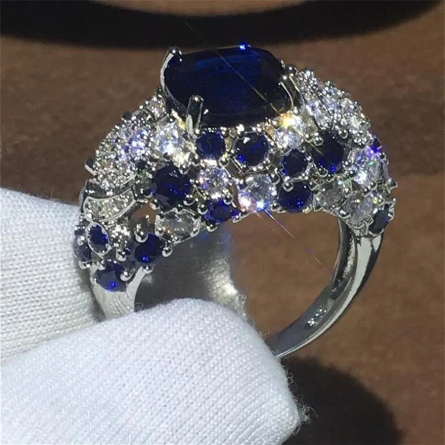 2019 Nya toppsäljande lyxiga smycken 925 Sterling Silver Cushion Shape Blue Sapphire Cz Diamond Gemstones Women Wedding Band Ring G266K