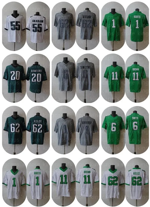 Dhgate Customized Football Trikots graue Atmosphäre Trikot Kelly Green Hurts Smith Sanders Slay Jr. Kelce Dawkins Brown Cunningham Vick Kingcaps genäht