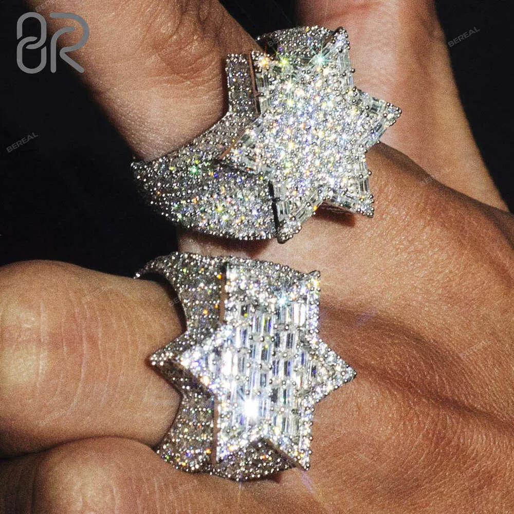 Groothandel Hip Hop Baguette Moissanite Diamond Ring Dikke vijfpuntige Ster Vergulde 925 Zilveren Vvs Vinger Band Ring voor Mannen