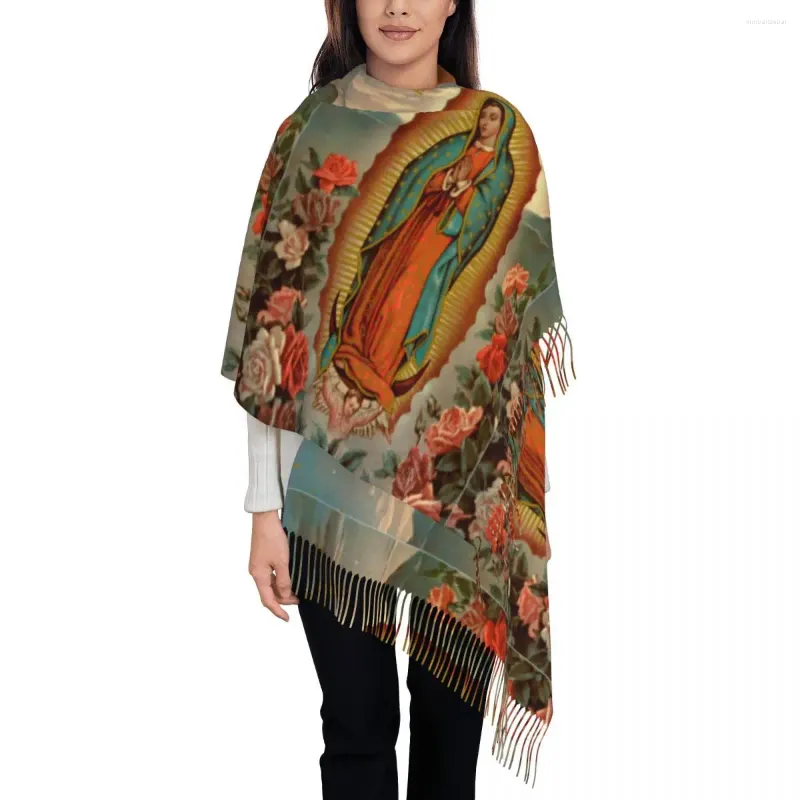 Scarves Mexican Virgin Mary Shawls Wraps Womens Winter Warm Long Soft Scarf Our Lady Of Guadalupe Reversible Tassel