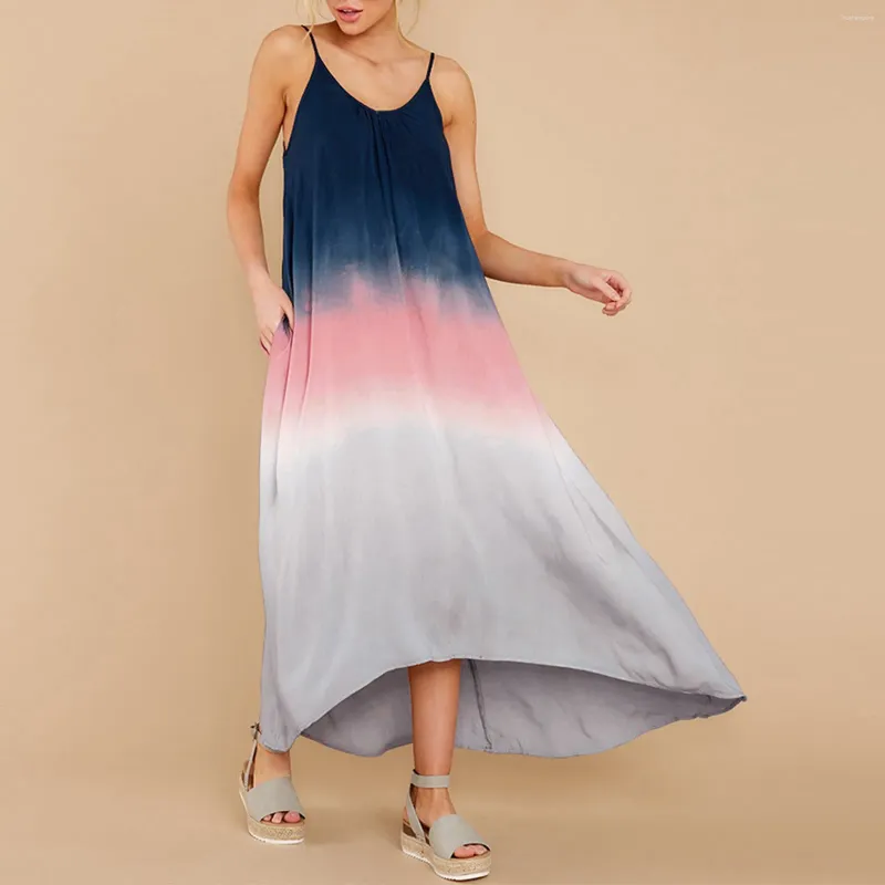Casual Dresses Summer Women Sundress Backless Sling Long Spaghetti Stems Tie Dye Maxi Dress With Pockets Vestidos 2023