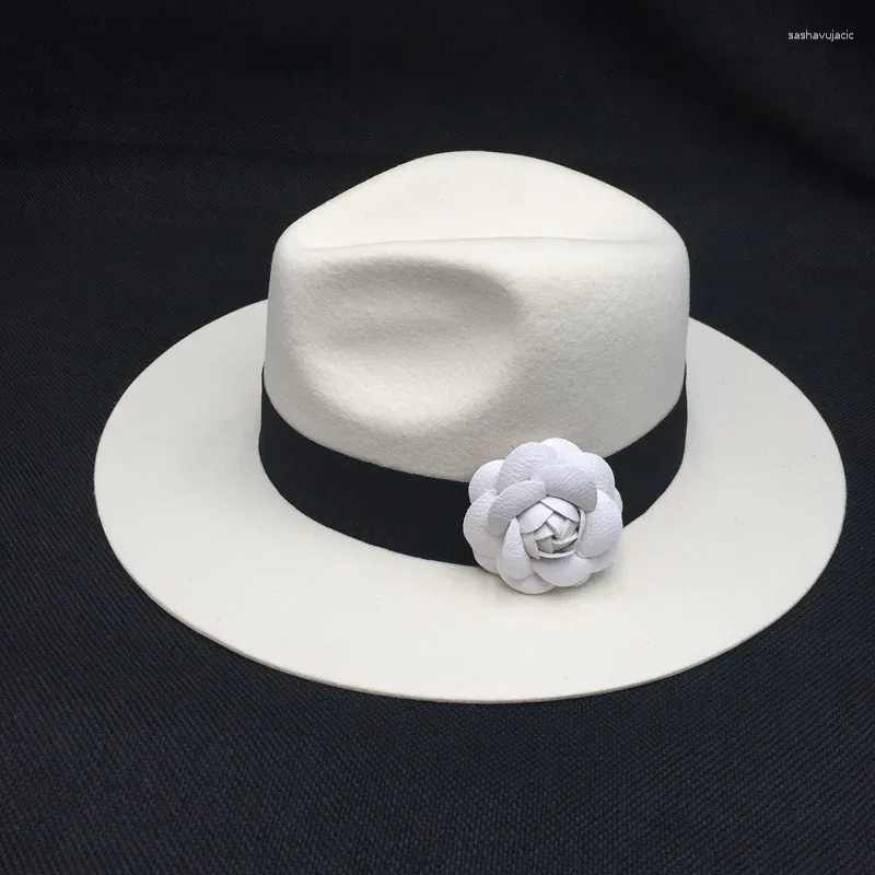 White Wool Blend Fedora Hat Company With Wide Brim And Panama Flower