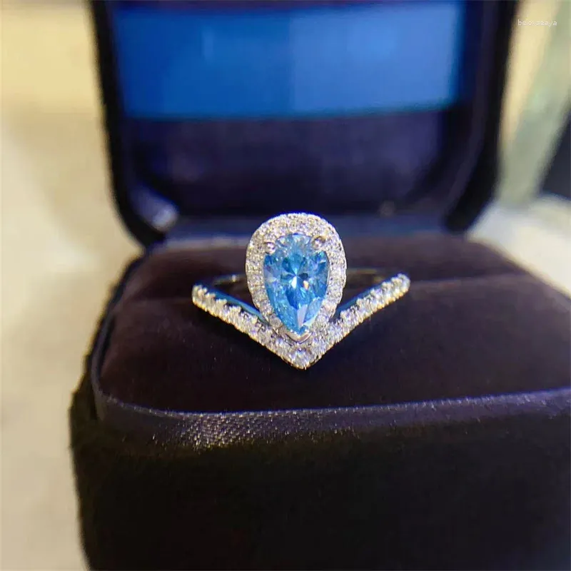 Кольца кластера 1ct 2ct Water Drop Sea Blue Moissanite Diamond Ring Яркая огранка Женская мода Стерлингового серебра 925 пробы для невесты Жениться Роскошные ювелирные изделия