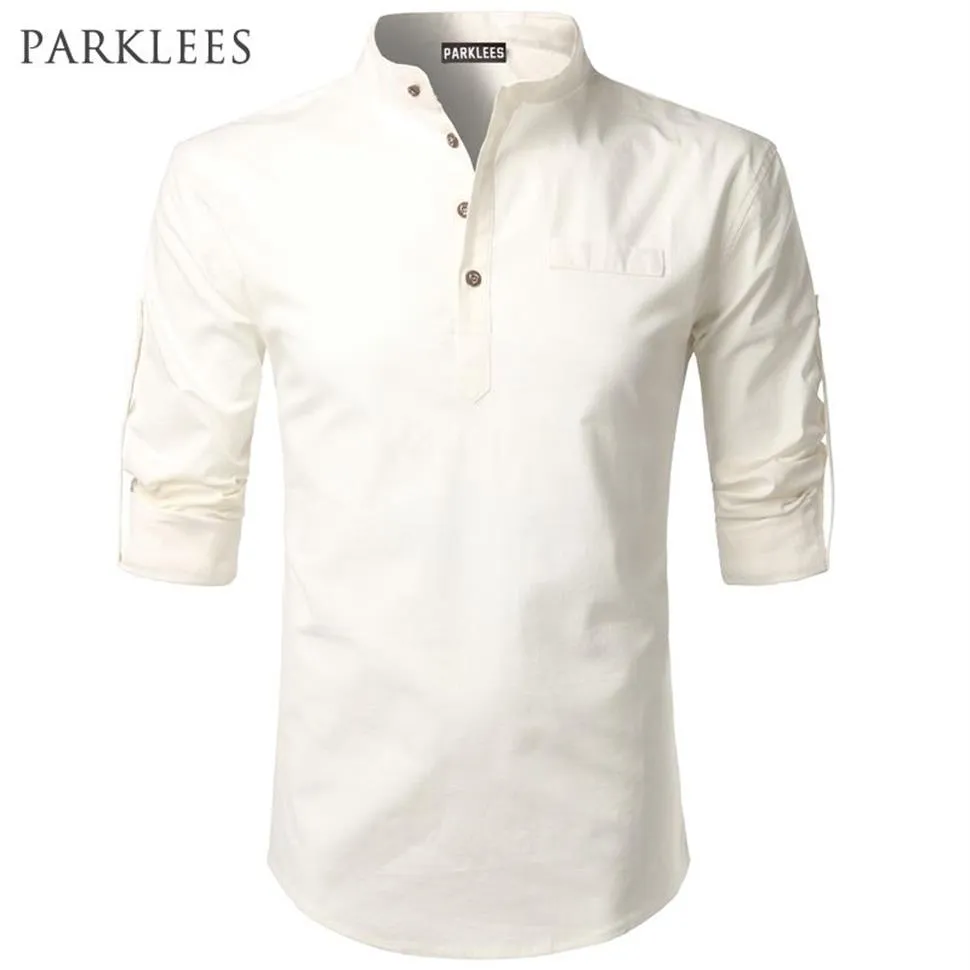Chemise blanche hommes retroussés manches hommes chemises habillées coupe ajustée coton lin homme chemise décontracté Henley chemise Camisa Masculina 210325260H