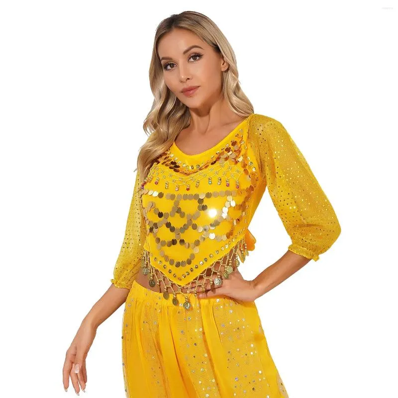 Abbigliamento da palco da donna con paillettes a maniche lunghe di danza del ventre in chiffon Top con laccetti sul retro Orlo irregolare Crop Top Costume da spettacolo di carnevale