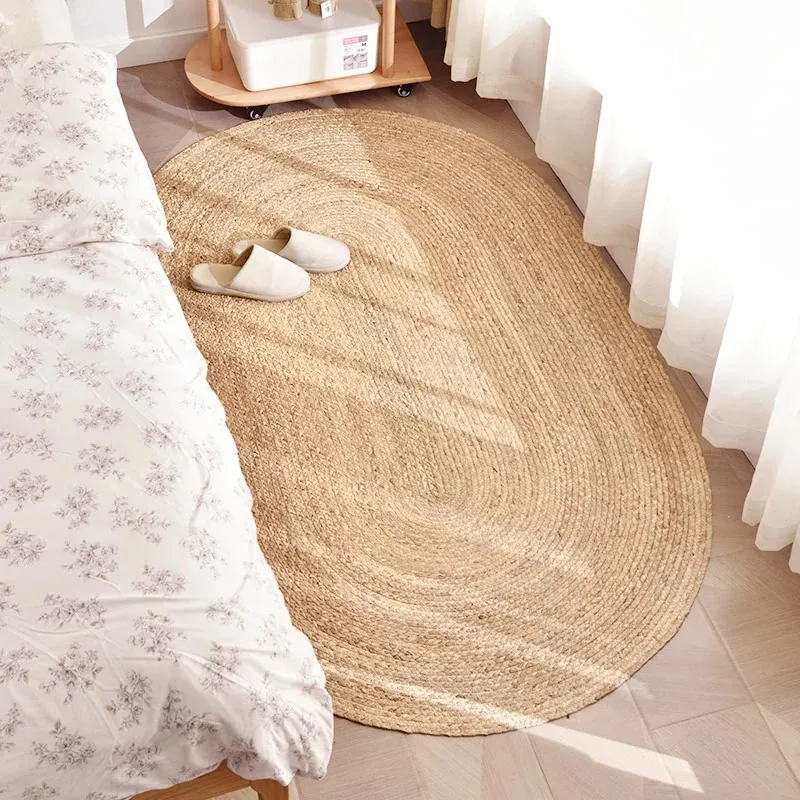 Teppich Handgewebte Rattan-Rundteppiche für Wohnzimmer Schlafzimmer Strohteppiche Natürliche Pflanzen Fußmatten Nachttisch Gartentisch Grasmatte 231025