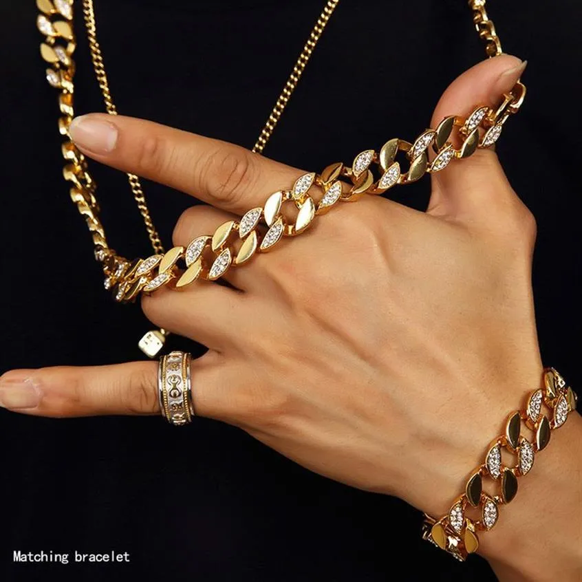 Hommes Hip Hop glacé plaqué or 18 carats W CZ bordure Miami chaîne à maillons cubains collier Bracelets Bling Bling bijoux Set272Z