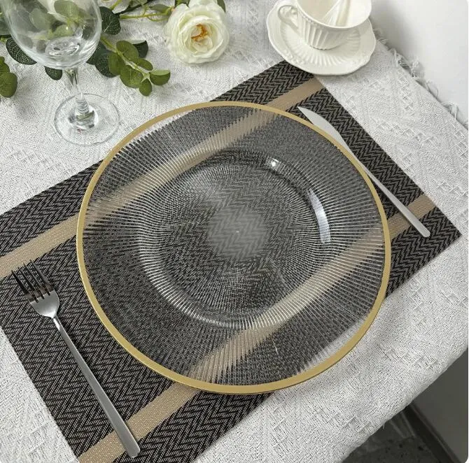 13-Inch Acrylic Clear Charger Plates Set Gold Beaded