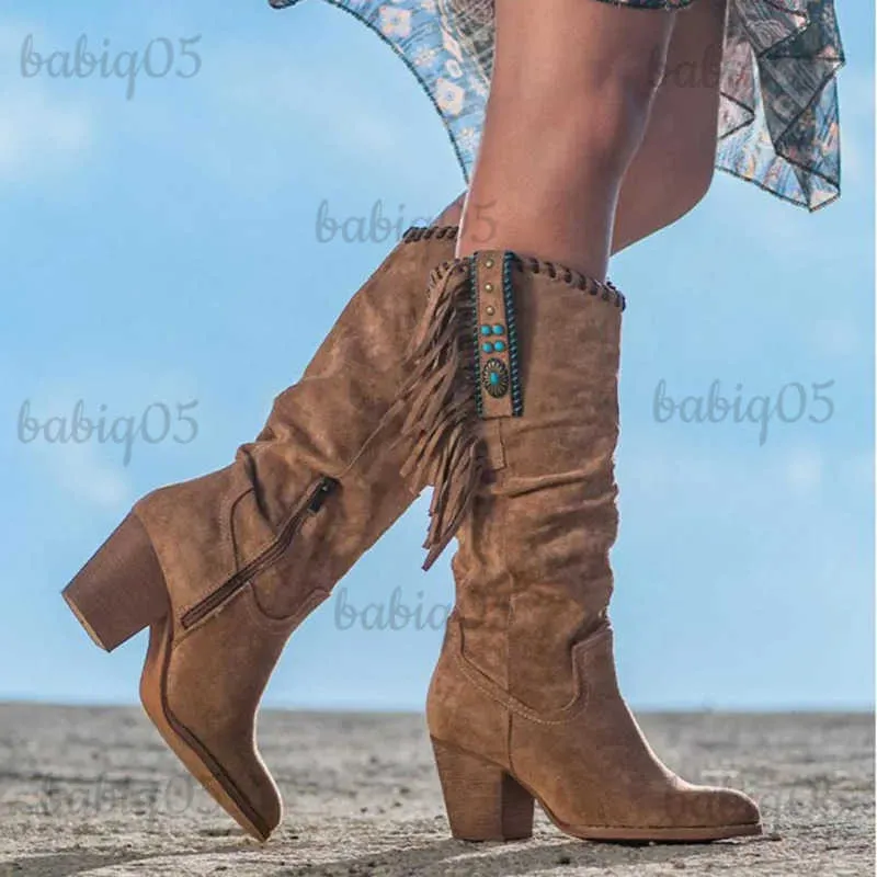 Boots Women Knee High Boots Suede Fashion Tassels Western Cowboy Boots Pointed Toe High Heels Female Shoes Roman Long Boot Botas Mujer T2310