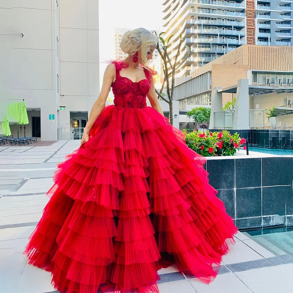 Red Ruffles Tiere Prom Dresses Spaghetti Stra Ball Formal Party Gown Multilayer Sweetheart Princess Vestidos Gala Novia 326