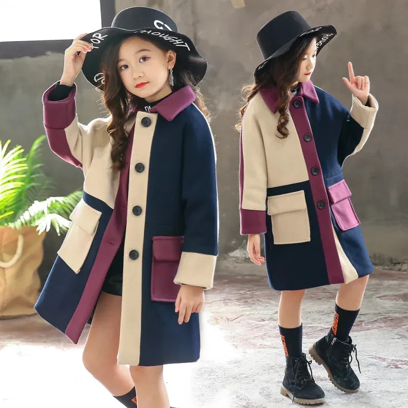 Jaquetas outono inverno meninas jaqueta de lã moda costura xadrez design menina casaco longo menina crianças casaco 4-12 anos de idade 231025