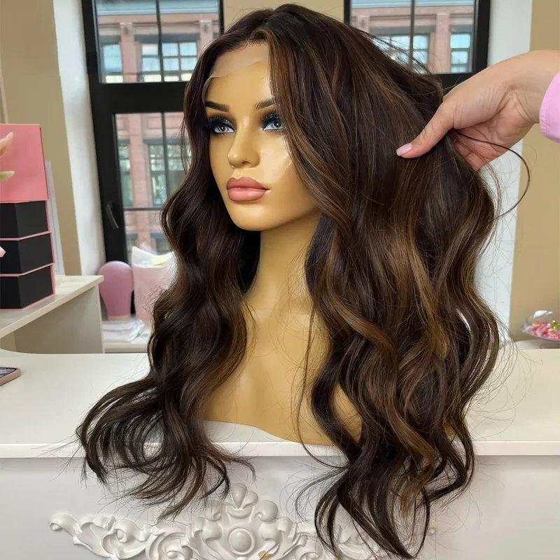 Loose Deep Wave Full Lace Front Human Hair Wigs for Women 360 Lace Frontal Wig Brown Highlight Wig Synthetic Glueless Pre Plucked