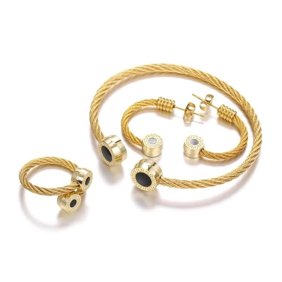 Di lusso 3 pezzi Set braccialetto aperto da uomo bracciale polsino in acciaio inossidabile anello in titanio orecchini set gioielli in colore oro per braccialetti con ciondoli219F