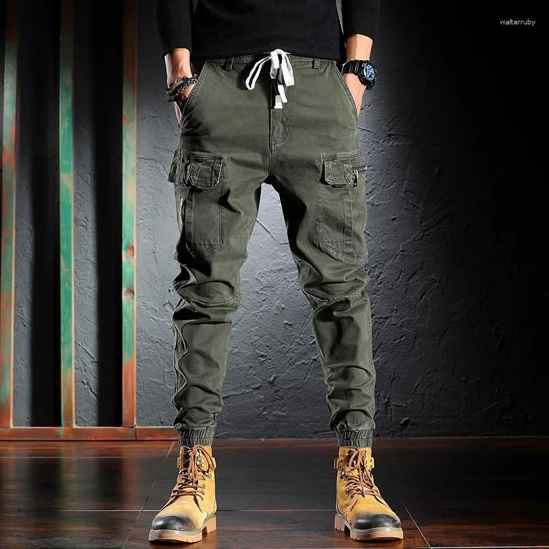 Herr jeans män mode streetwear män hög kvalitet lös passform multi fickor grön casual lastbyxor bombre harem byxor hip hop