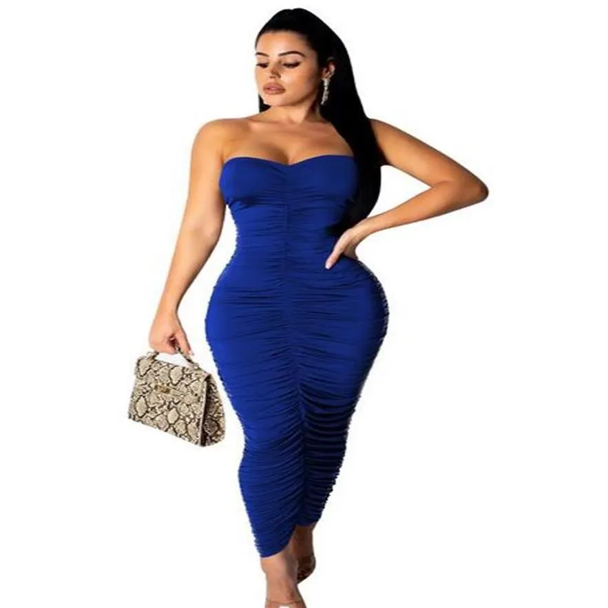 Sexy Strapless Bodycon Womens Dresses Irregular Ruched Long Dress Summer Fashion Casual Club Party Women Clothing233S