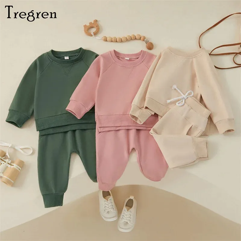 Giyim Setleri Tragren 03 yıl Toddler Bebek Erkek Giysileri Güz Kıyafetleri Düz Renk Mürettebatı Boyun Uzun Kollu Sweatshirts Pantolon 2 PCS Set Trailsuit 231025