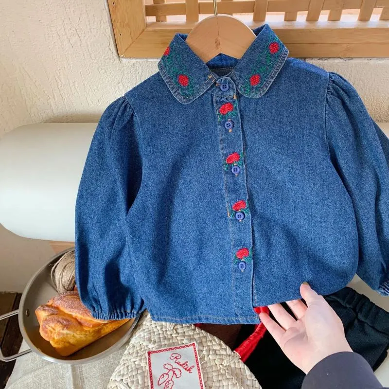 Giacche stile coreano primavera autunno neonate cappotti di jeans blu monopetto stampa fiori rossi cardigan per bambini capispalla per bambini