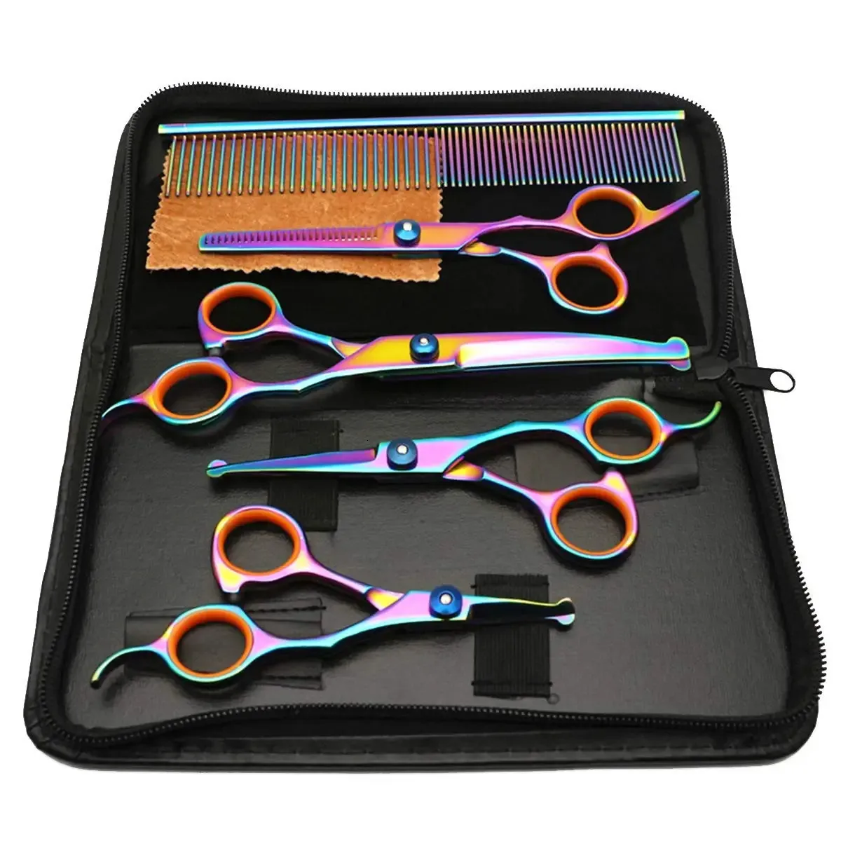 Frisörsalong 6 PCS Professionell säkerhet Rundhuvud Dog Hår sax Set Curved Cutting Pet Scissors Suit Pet Grooming Scissors Bag 231025