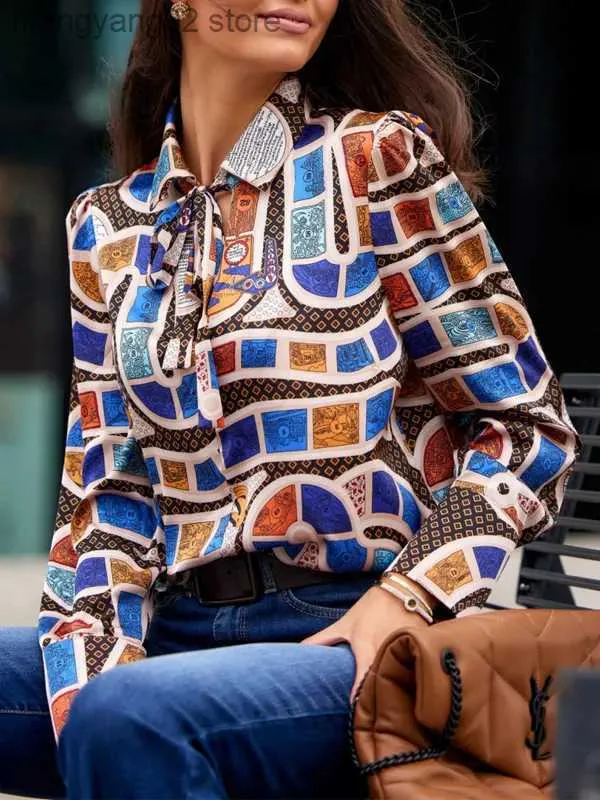 Damesblouses Overhemden 2023 Kantoor Dame Geometrisch Print Satijnen Overhemd Opstaande Hals Strik Kanten Lange Mouwen Losvallend Casual Dames Elegant Chique Blouse Tops T231025