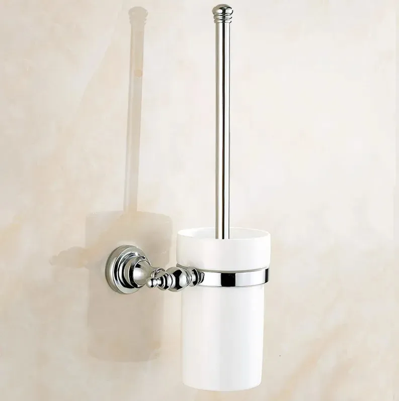 Toilet Brushes Holders Polished Chrome Brass Wall Mounted Toilet Brush Holder Set White Brush Ceramic Cup Bathroom Accessory aba906 231025