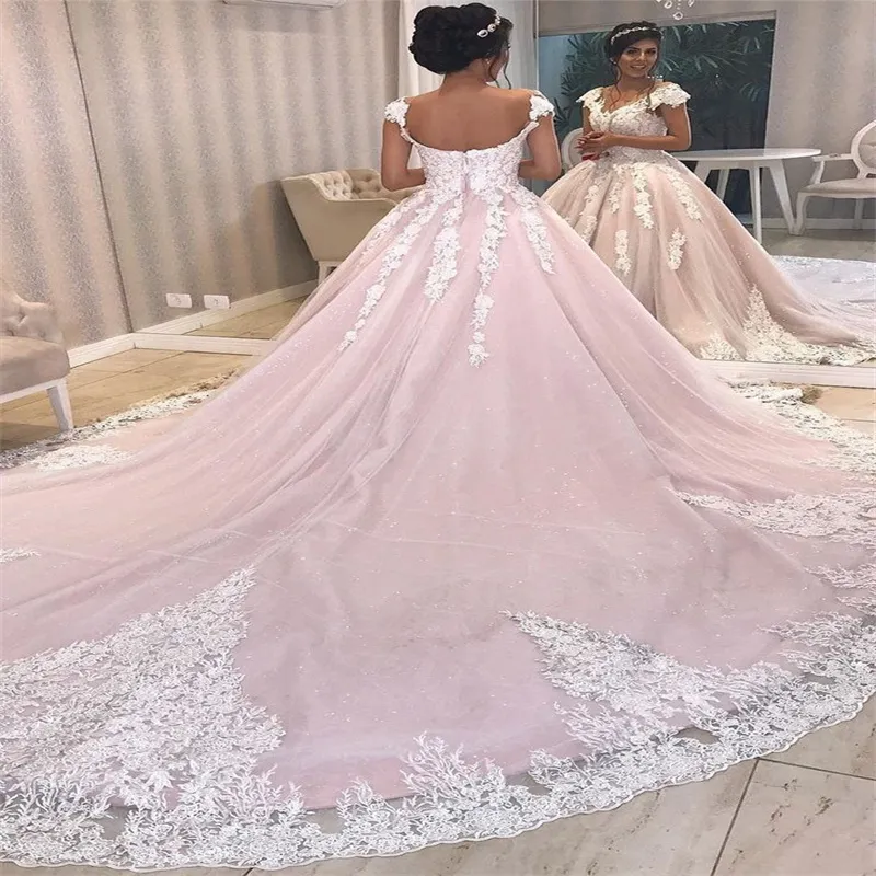 Rosa princesa lantejoulas vestido de casamento 2024 mangas boné apliques rendas trem real igreja vestido de noiva brilhante brilhante vestido de noiva para mulher vestido para noiva casamento