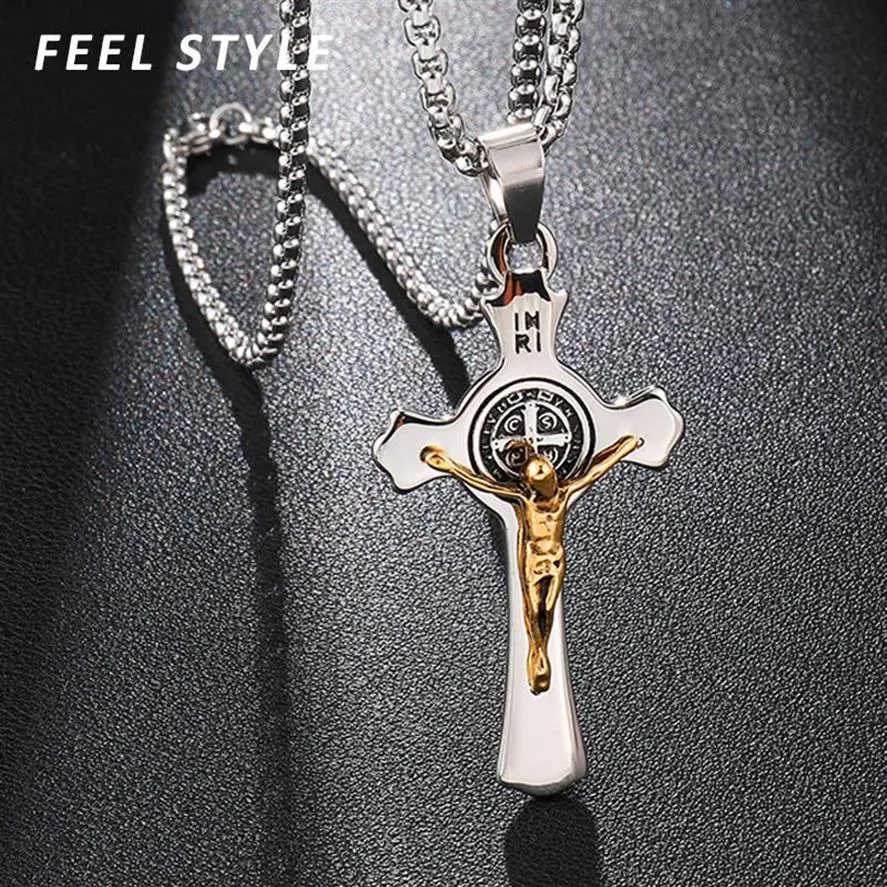 Collares colgantes INRI Jesús Cruz Colgantes Acero inoxidable Exorcismo St Benedict Crucifijo Collar para hombres Jewelry268H