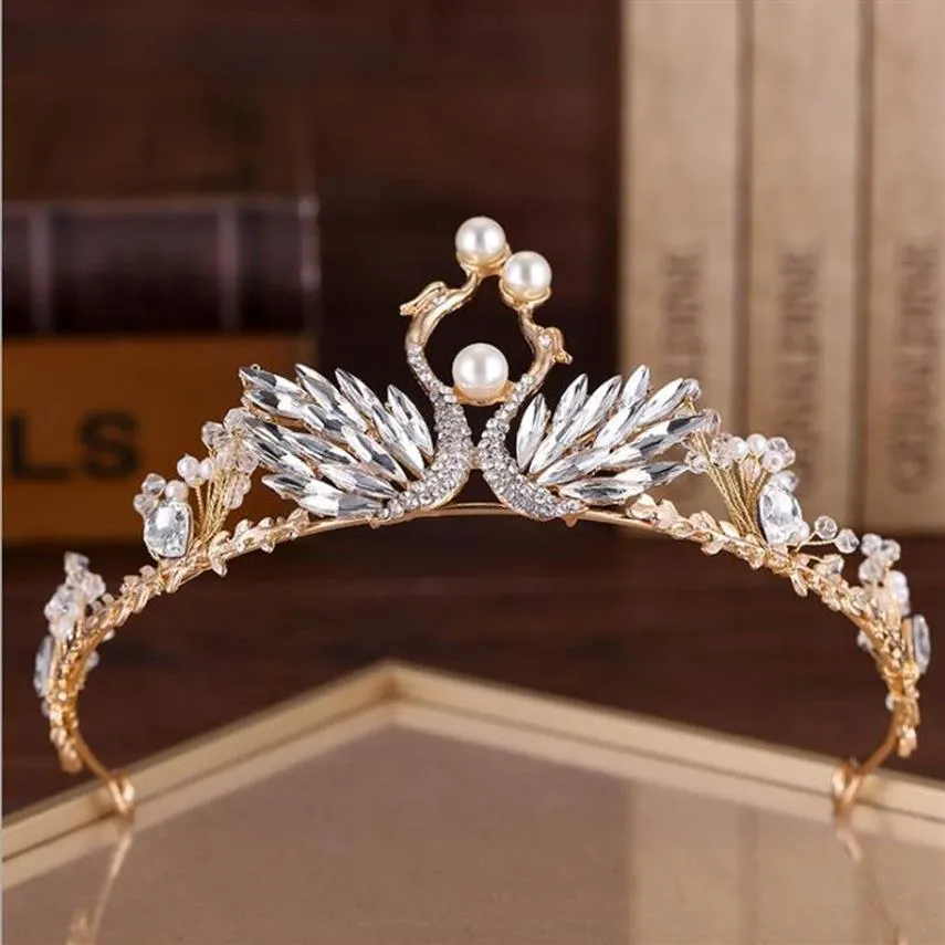 Guldpärlor kristaller prinsessa huvudbonch chic brud tiaras tillbehör fantastiska kristaller pärlor bröllop tiaror och kronor 112207223j