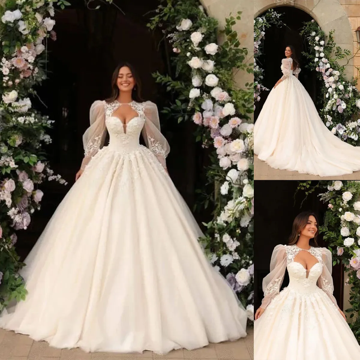 Robe de mariée trapèze en dentelle élégante, classique, avec applications 3D, Sexy, col en v, robe de bal en Tulle, avec traîne brosse, personnalisée, D-H23515