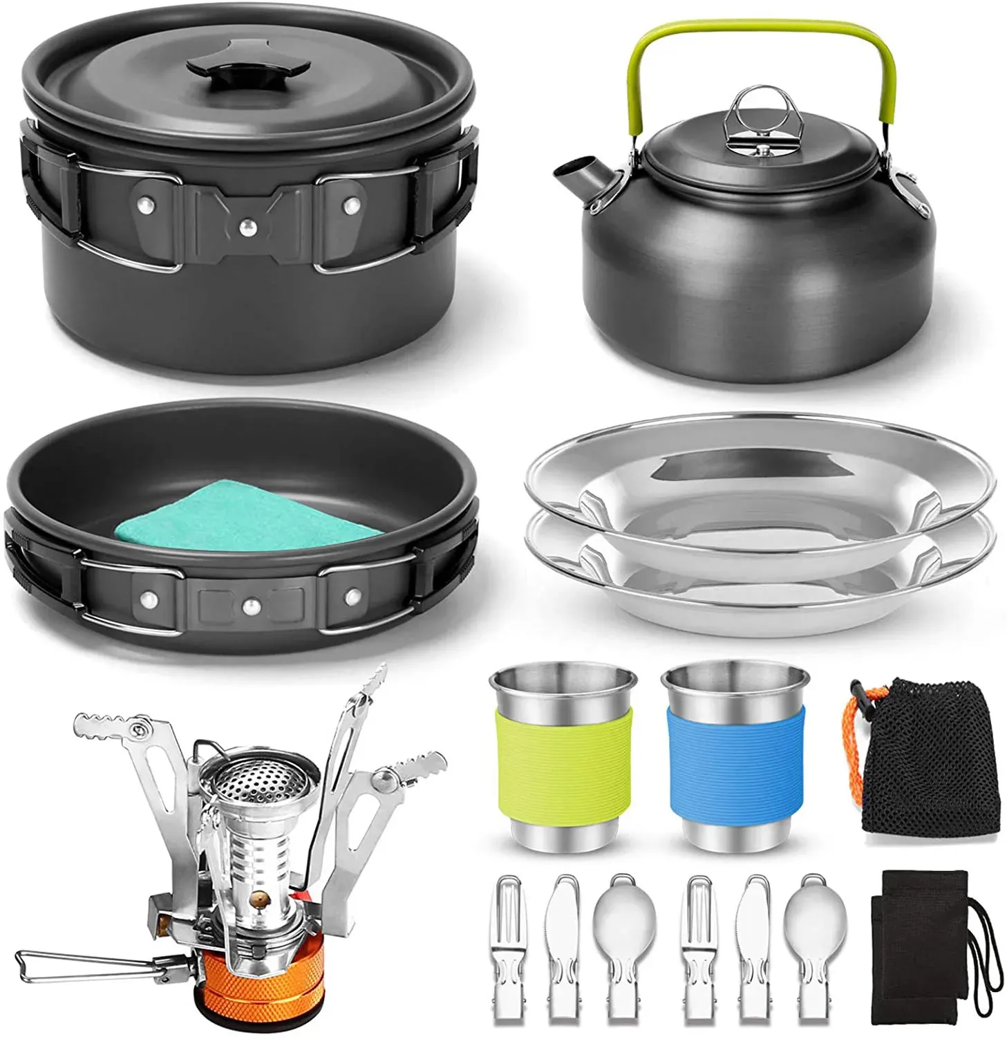 Cozinha de acampamento Conjunto de fogão de acampamento Kit de panelas ao ar livre Panela Fogão Chaleira Copos Talheres Pratos turísticos Equipamento de caminhada para 2-3 pessoas 231025