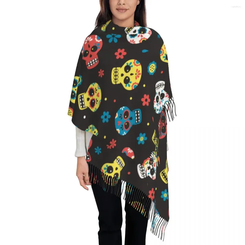 Foulards Sucre Crâne Mexicain Châle Wrap Pour Dames Hiver Chaud Grande Écharpe Douce Jour De L'horreur Morte Halloween Pashminas Gland