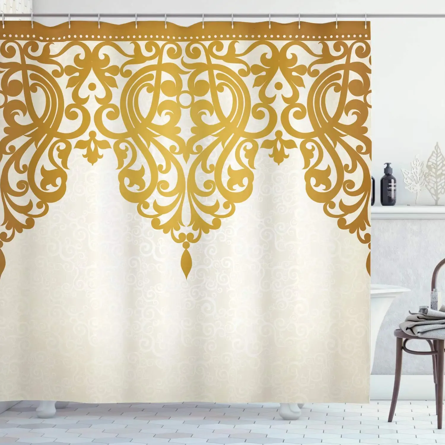 Shower Curtains Antique Shower Curtain Victorian Style Medieval Motifs with Classic Baroque Oriental Shapes Cloth Fabric Bathroom Set with Hooks 231025