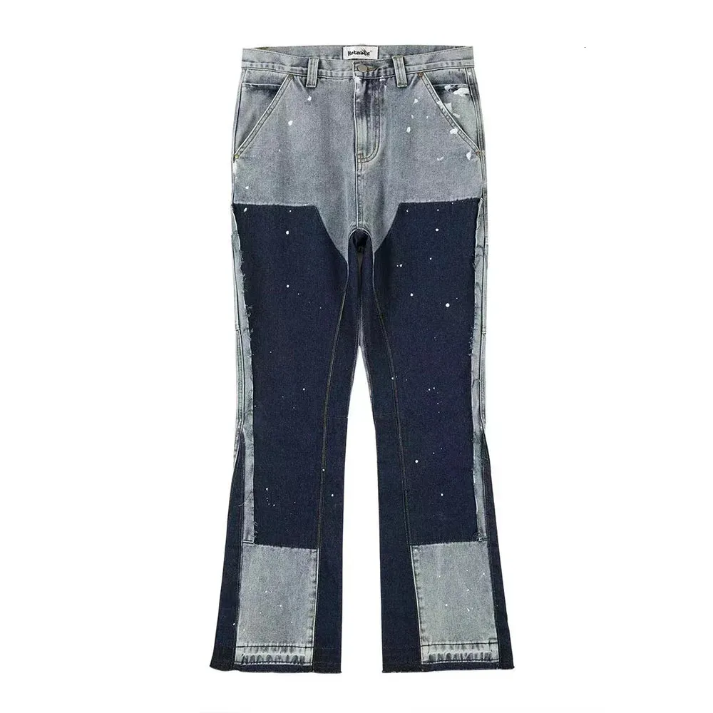 Mens Jeans High Street skarvade fläckiga bläck Micro Flare -byxor för män Cleanfit Casual Washed Baggy Straight Denim Trousers Y2K 231025