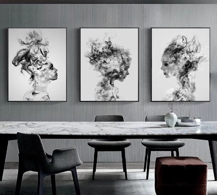 3 pzset Astratta Moderna Nuvola Smog Ragazza Ritratto Su Tela Pittura in Bianco E Nero Wall Art Canvas Poster Nordic Minimalista Wa8170029