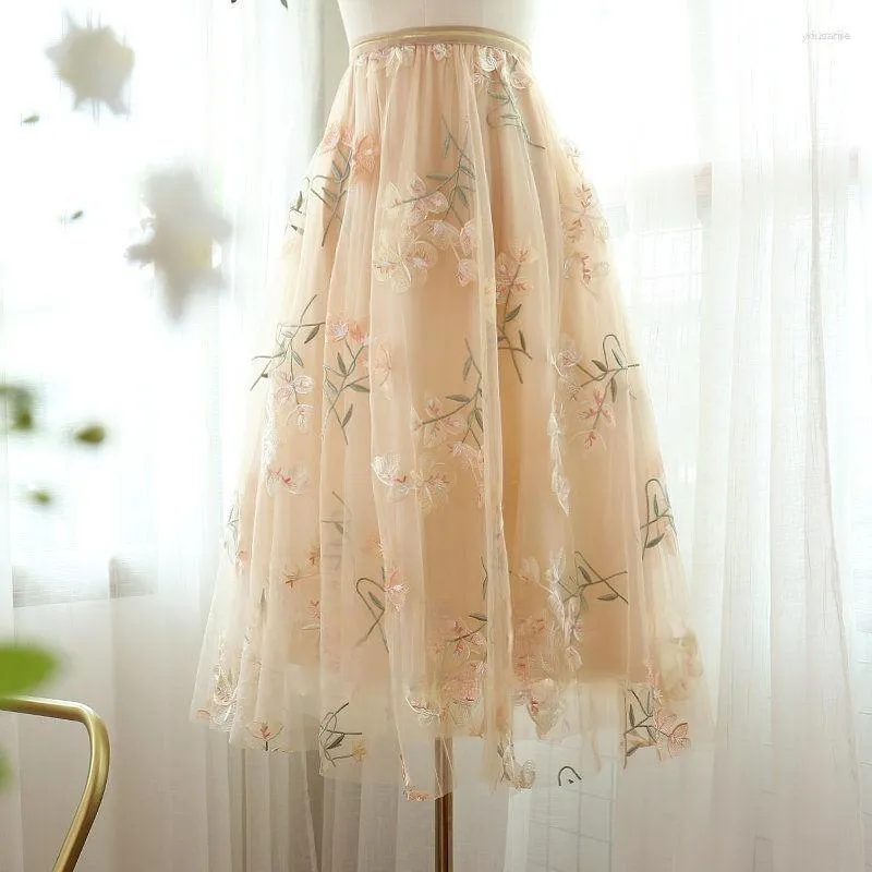 Skirts Women 2023 Summer Flower Embroidery Lace Skirt Female High Waist Mesh Midi Lady Elegant Tulle Sweet Falda Saia V103