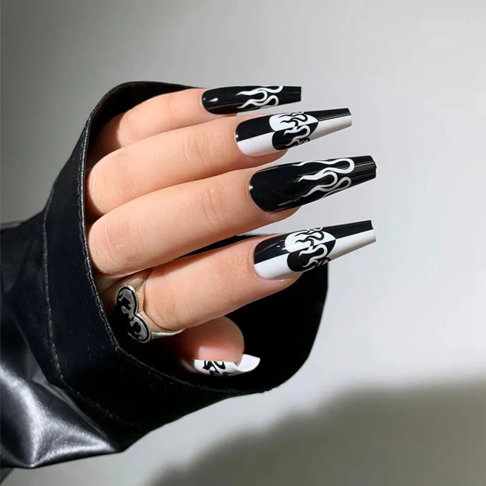 False Nails 24pcs Press on Nails Punk Black White Patchwork Fire Pattern Long Coffin False Nails Ballerina Fake Nail Art Manicure Full Tips 231024