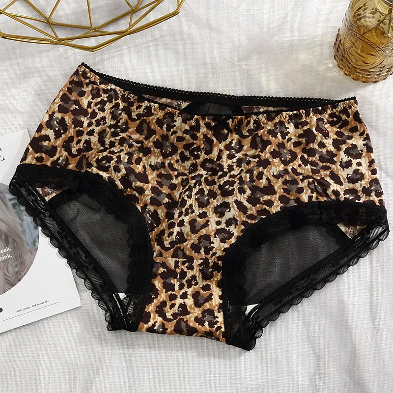 Ice silk leopard panties women cool sexy transparent hot waist triangle pants bow girl panties without trace