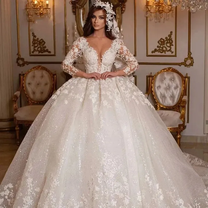 2024 Spitze Brautkleider Prinzessin Ballkleid Perlen Brautkleider Shinny Tüll Lange Ärmel Elfenbein Dubai Vestidos De Novia Robe de Mariage