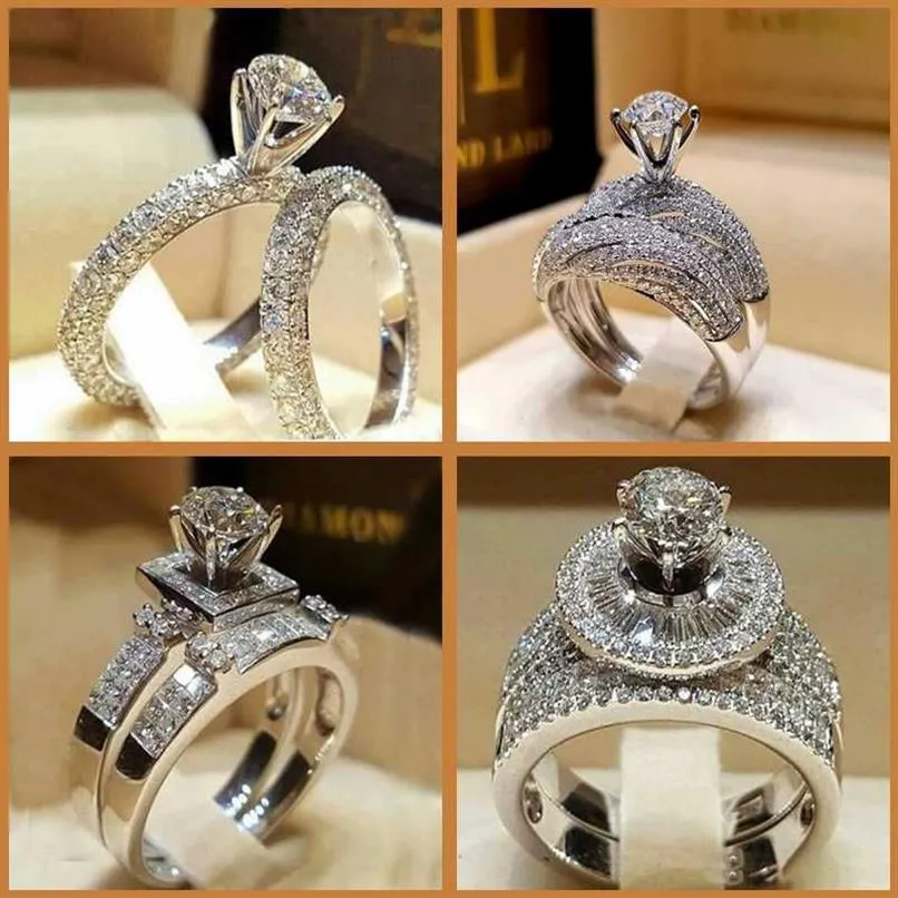 Роскошное мужское женское кольцо с кристаллом циркона и камнем серебряного цвета, винтажный свадебный комплект, мужские и женские обручальные кольца267D