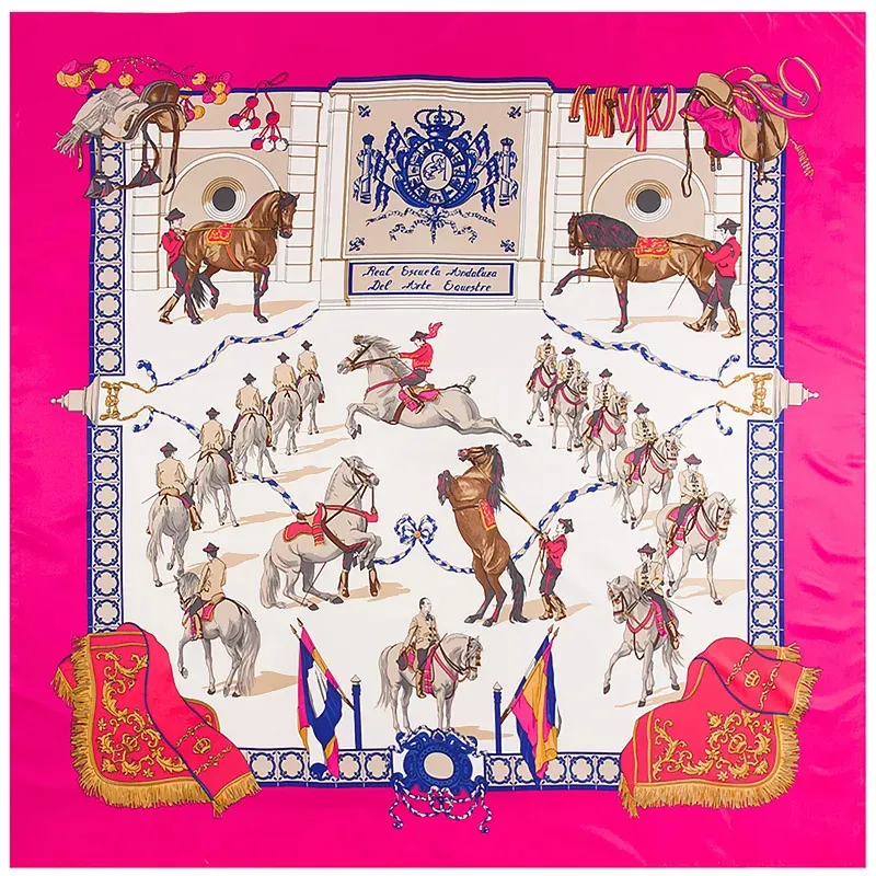 Scarves 130cm Twill Silk Scarf Horse Printing Big Square Women Bandana Shawl Luxury Brand Foulard Wraps For Ladies Echarpe 231025