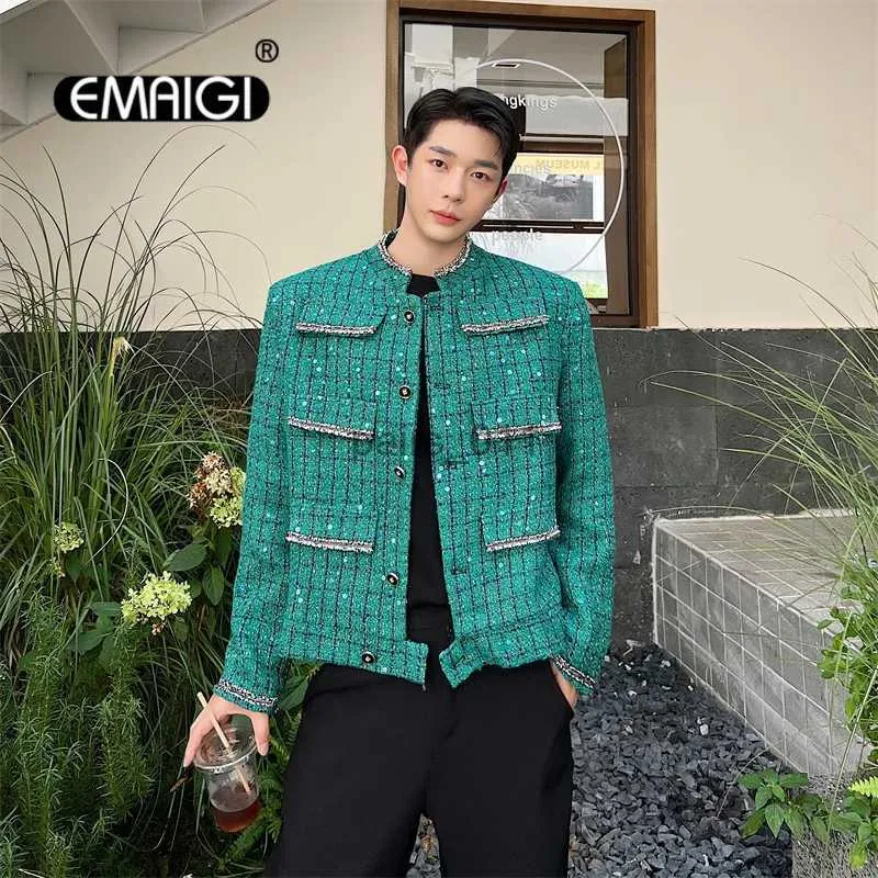 Giubbotti Uomo Multi Pocket Cover Tweed Paillettes Moda francese Vintage Casual Cappotto corto allentato Coreano Streetwear Cappotto YQ231025