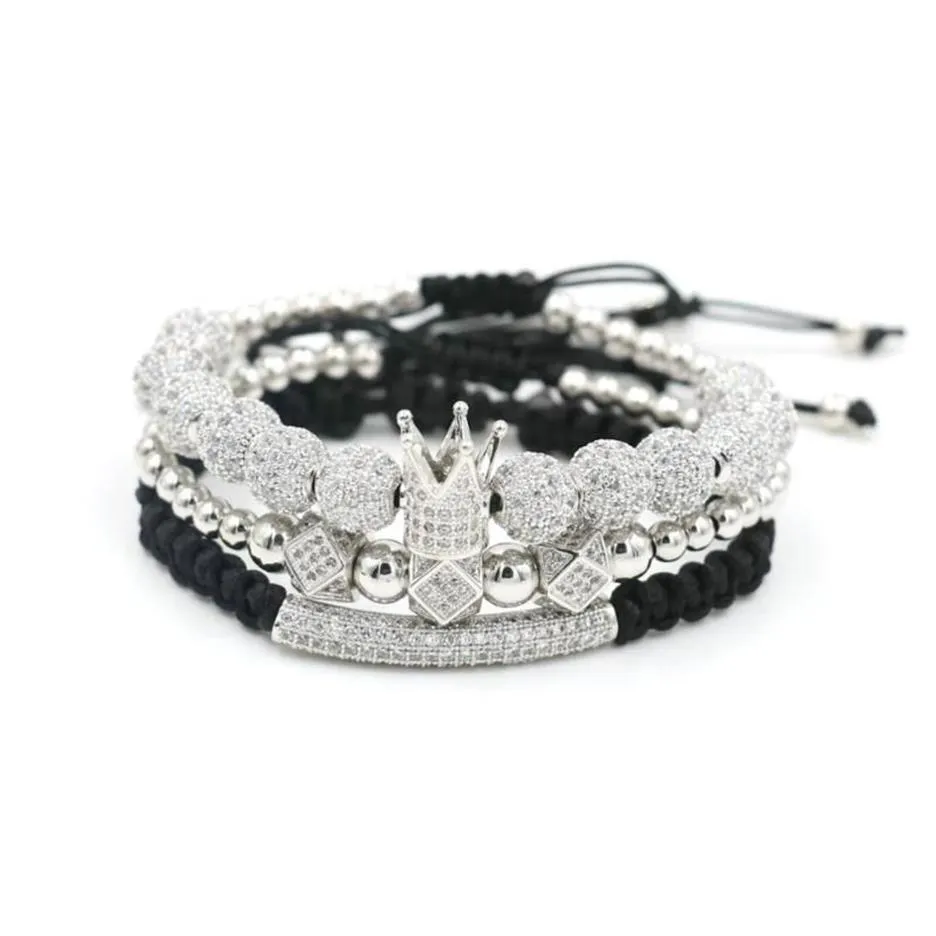 Charm Bracelets 3pcs Set Luxury Crown Bracelet Men Hip Hop Silver Color Micro Pave CZ Ball For Women Couples Pulseira Bileklik298L