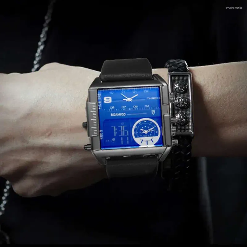 腕時計ボーミゴメンズボーイズスポーツウォッチ3タイムゾーンレザー長方形男性時計デジタル