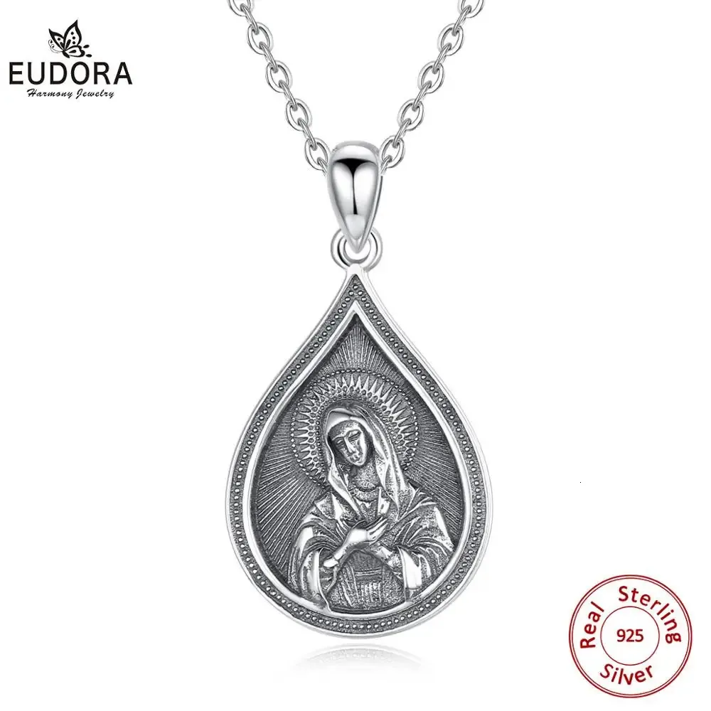 Pendanthalsband Eudora 925 Sterling Silver -ikon av Theotokos Eleusa Vintage Teardrop Jungfru Marys halsband för man kvinnliga smycken D4 231025