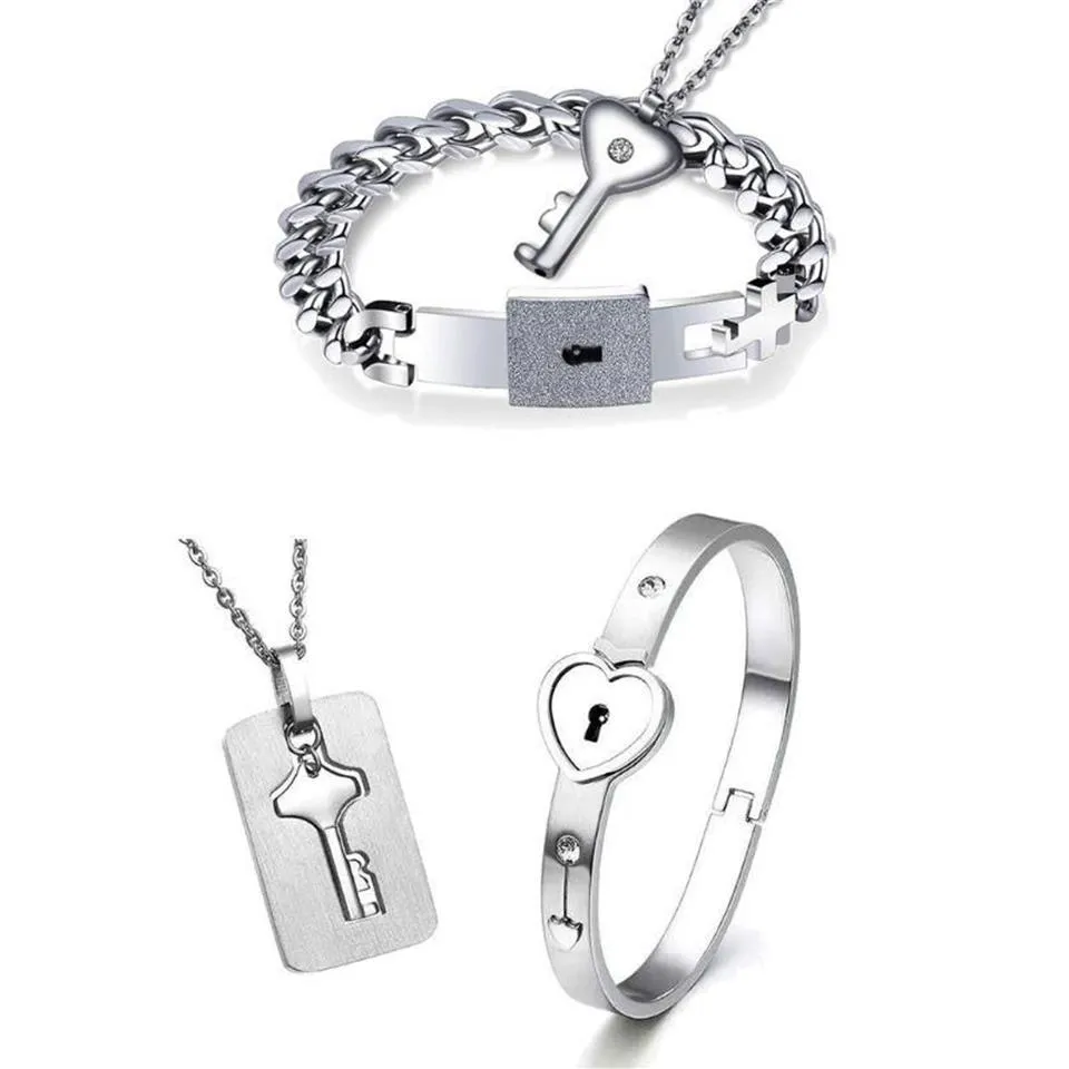 Charm Bracelets Titanium Puzzle Couple Heart Lock Key Bracelet Necklace Lover Jewelry Set280z