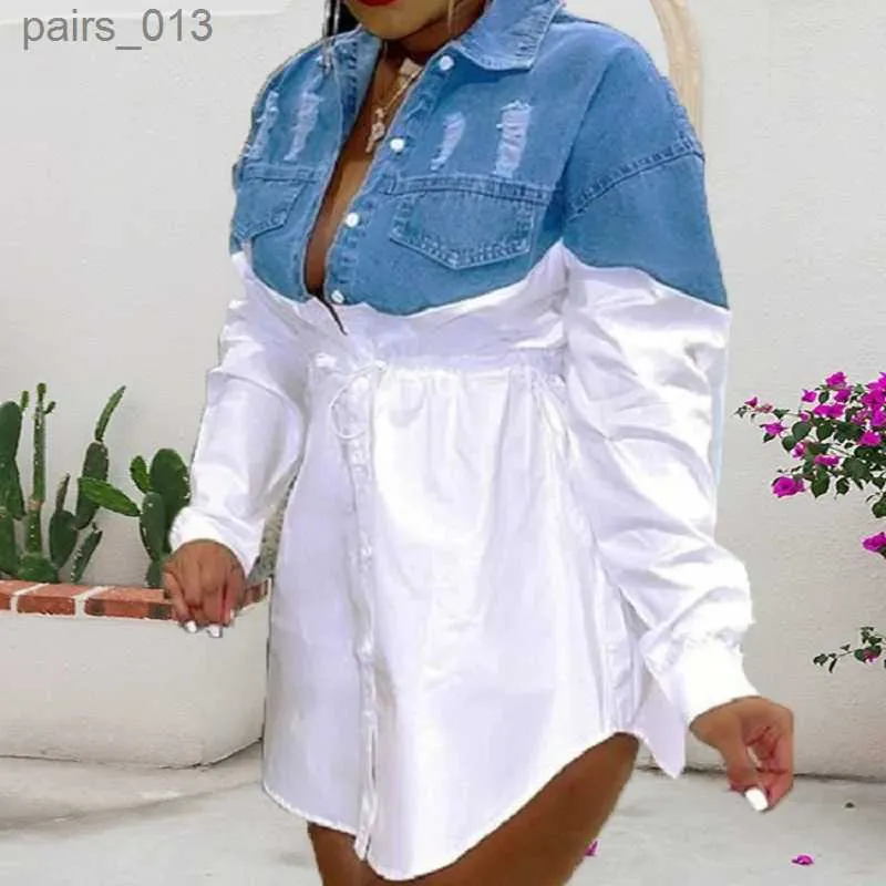 Grundlegende Freizeitkleider Plus Größe Frauen Club Party Patchwork Denim Bluse Dame Mode Eleganter Rock 2023 Herbst Langarm Outfit Y2K YQ231025